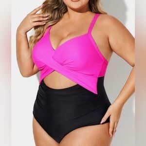 Two-Tone Cutout One-Piece Swimsuit - Hot Pink & Black
